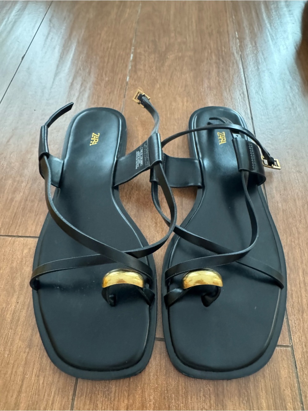 ZARA Black Strappy Sandals with Gold Accent Ring